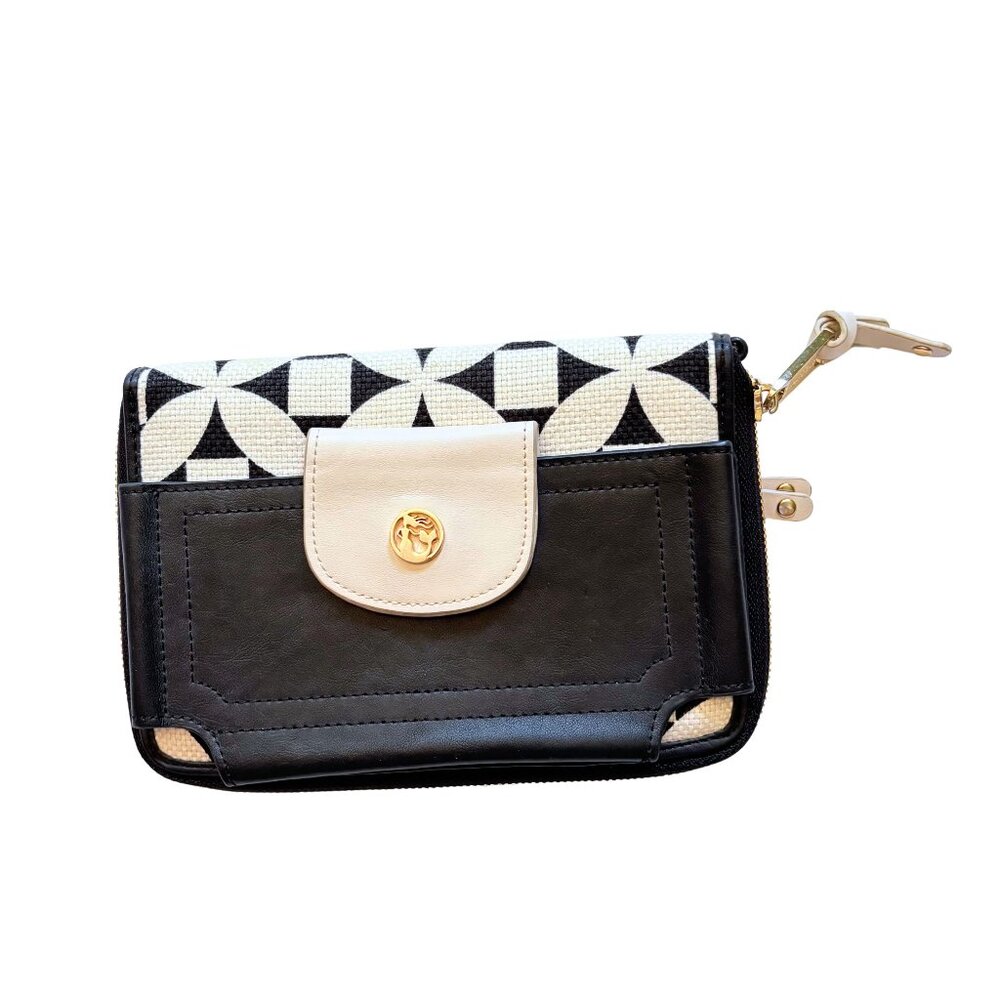 Spartina 449 Zip Wallet Black Cream Geo Floral Linen Leather